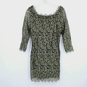 Diane Von Furstenberg Zarita Lace Dress 14 Black Gold Back Zip Eyelash Floral